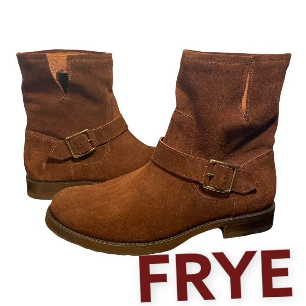Frye Chestnut Suede Buckle Ankle Boots